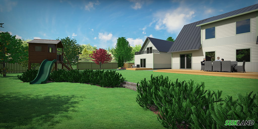 Tugimüür ja juurdepääs viljapuuaeda, kääbus-mägimänni ridaistutus