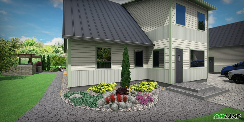 Eramu aiakujundus Keilas, eesaia ja tagahoovi vaheline ühendus